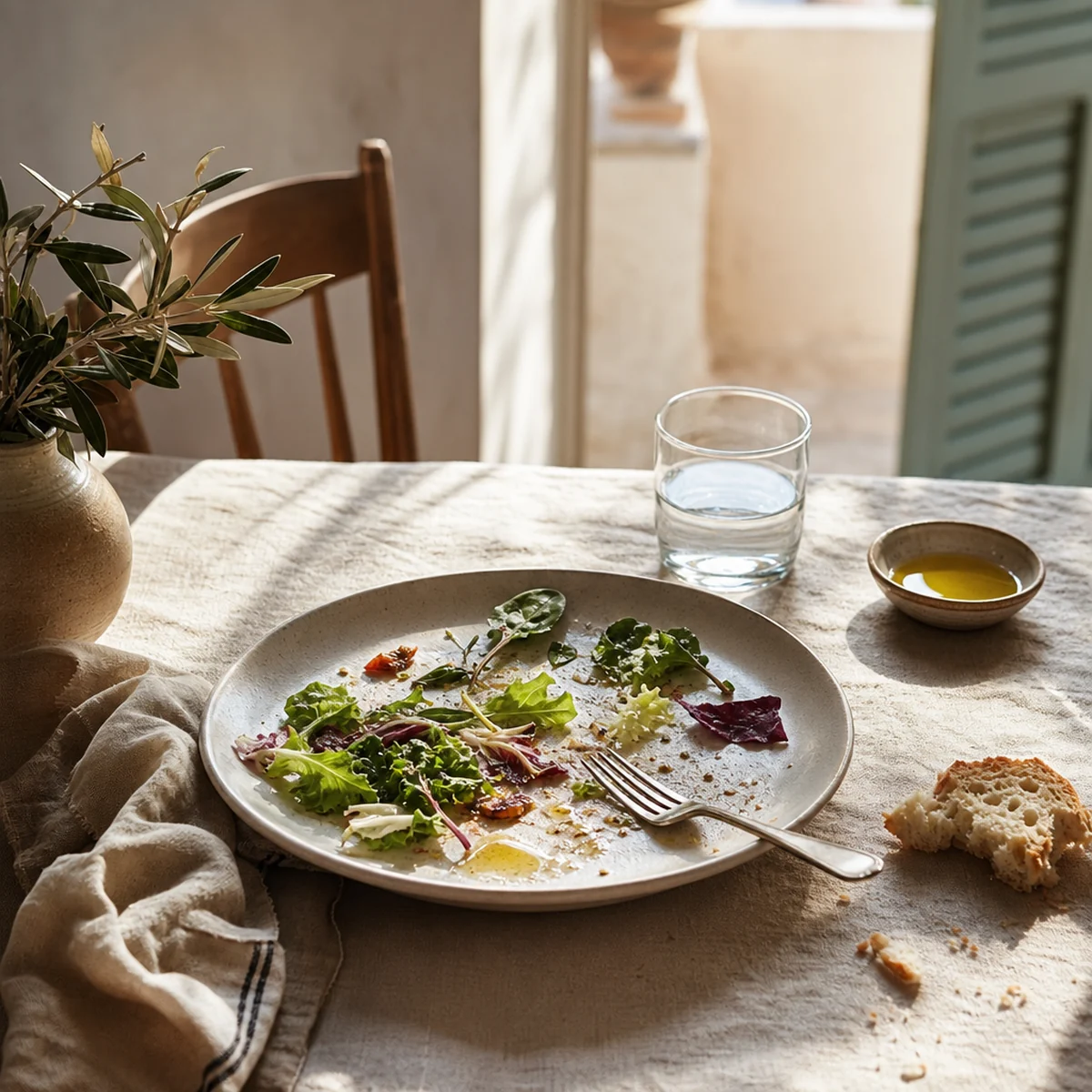 Plato con ensalada fresca en mesa de lino